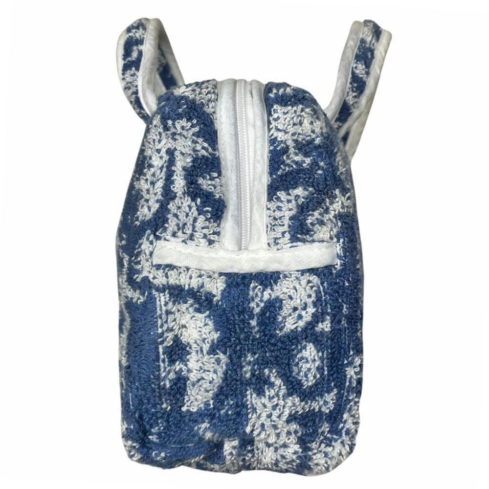 Christian Dior navy monogram mini terry fabric boston bag circa 2005 with No. 2 white appliqué in front, white piping on handles and at zipper, waterproof vinyl interior with 2 slip pockets, zipper closure, white textile ribbon zipper pull. 