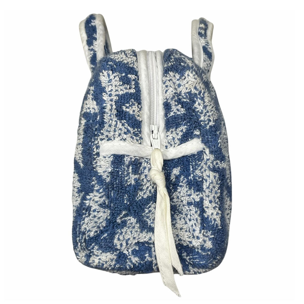 Christian Dior navy monogram mini terry fabric boston bag circa 2005 with No. 2 white appliqué in front, white piping on handles and at zipper, waterproof vinyl interior with 2 slip pockets, zipper closure, white textile ribbon zipper pull. 