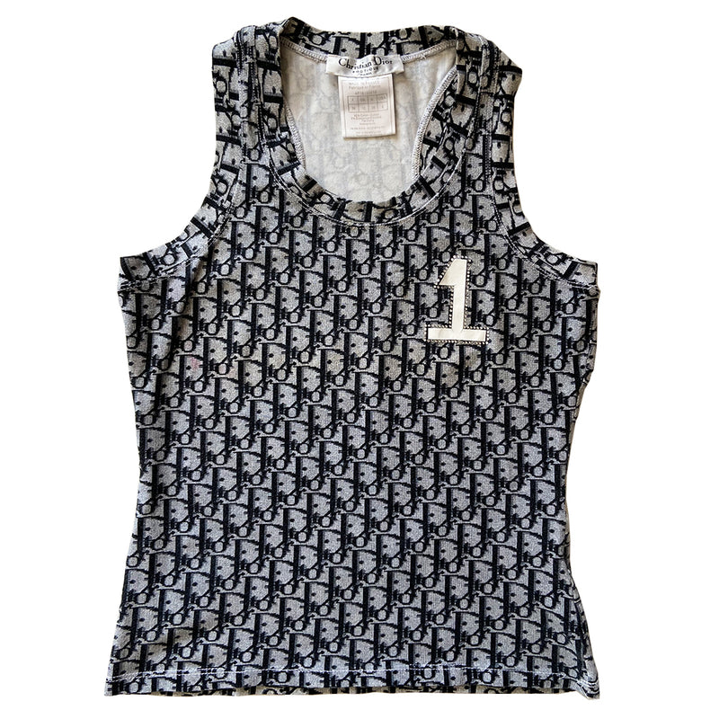 Christian Dior Diorissimo Crystal No. 1 tank from John Galliano era, circa 2002 with racer back, all over monogram print and No 1 appliqué surrounded by crystals at chest. Slight cracking on the No 1 appliqué. Color: Black/Grey Size: FR 38 / USA 6 