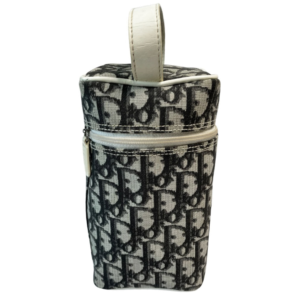 Christian Dior canvas black and grey monogram top handle mini rectangular cylinder bag by John Galliano for Dior, 2003 with white patent piping, top handle and leather No 2 appliqué. Wrap around silver-tone top zipper closure opens to black textile interior. Made in Spain 