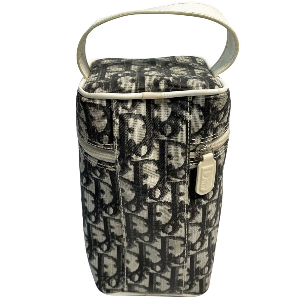 Christian Dior canvas black and grey monogram top handle mini rectangular cylinder bag by John Galliano for Dior, 2003 with white patent piping, top handle and leather No 2 appliqué. Wrap around silver-tone top zipper closure opens to black textile interior. Made in Spain 
