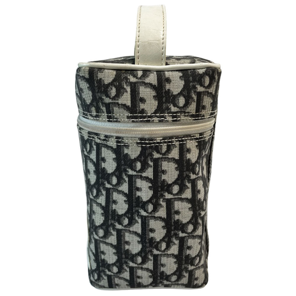 Christian Dior canvas black and grey monogram top handle mini rectangular cylinder bag by John Galliano for Dior, 2003 with white patent piping, top handle and leather No 2 appliqué. Wrap around silver-tone top zipper closure opens to black textile interior. Made in Spain 