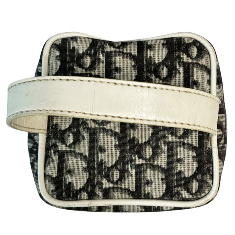 Christian Dior canvas black and grey monogram top handle mini rectangular cylinder bag by John Galliano for Dior, 2003 with white patent piping, top handle and leather No 2 appliqué. Wrap around silver-tone top zipper closure opens to black textile interior. Made in Spain 
