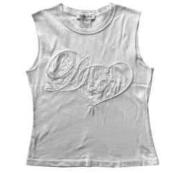 Christian Dior Diorling sleeveless all white white crew neck tee by John Galliano for Dior, summer 2003 with embroidered cursive Dior spelled out, embroidered heart, clear sequins and beading overlay that spell out Diorling. Made in France 