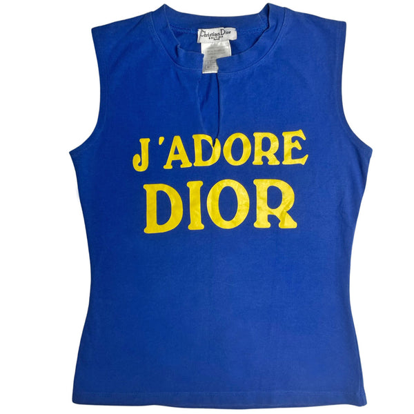 John Galliano for Christian Dior, Winter 2001 sleeveless royal blue crew neck tank with yellow J’Adore Dior printed in fron land World Champion 1947 on back. Made in Italy 