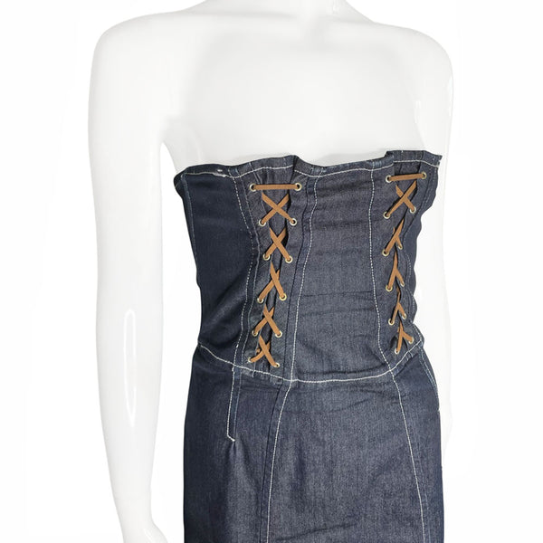 Dolce & Gabbana dark denim strapless mid-length corset dress with double criss crossed golden brown leather front lacing on bodice, white contest stitching, removable elastic straps. Exposed D&G stamped silver-tone back zipper 