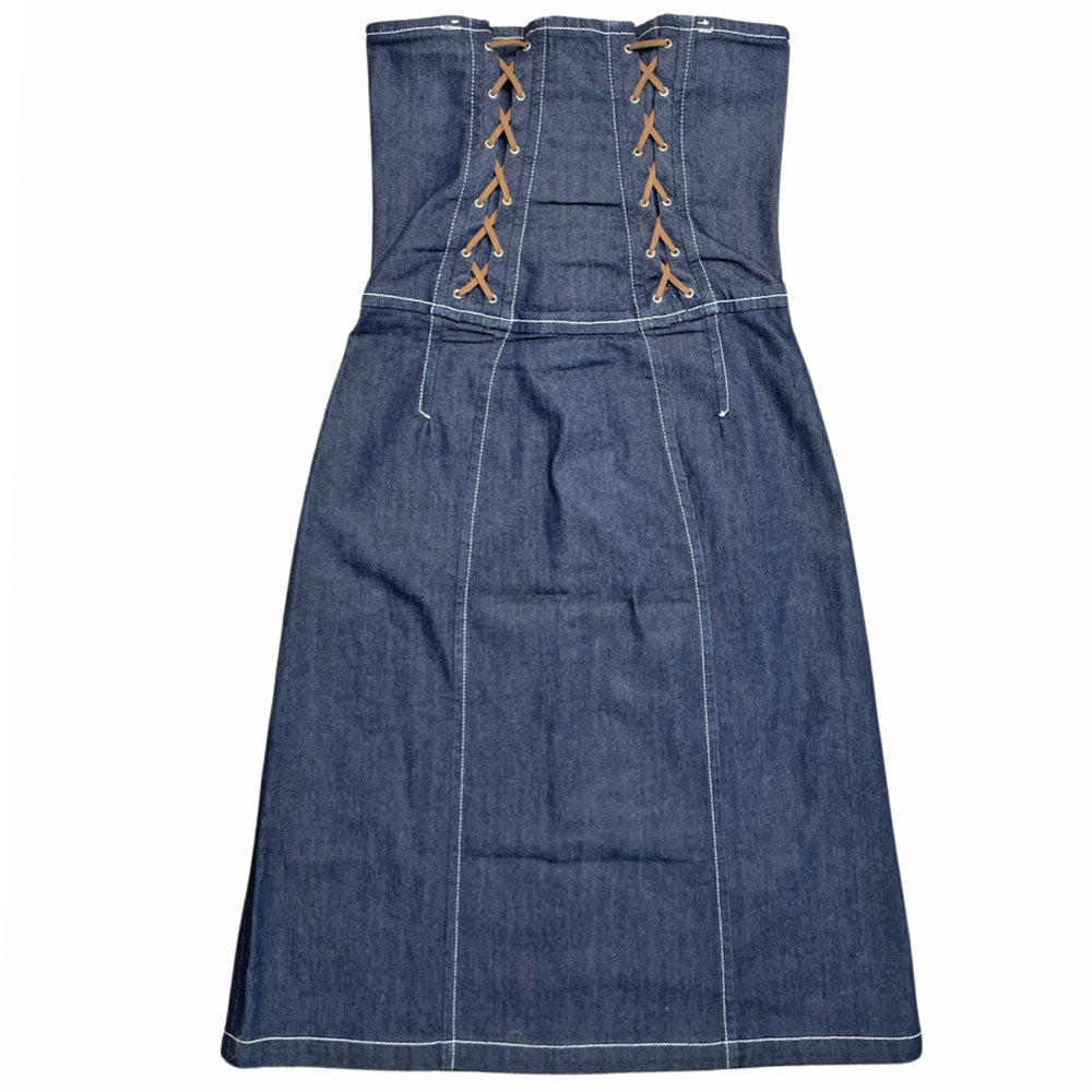 Dolce & Gabbana dark denim strapless mid-length corset dress with double criss crossed golden brown leather front lacing on bodice, white contest stitching, removable elastic straps. Exposed D&G stamped silver-tone back zipper 