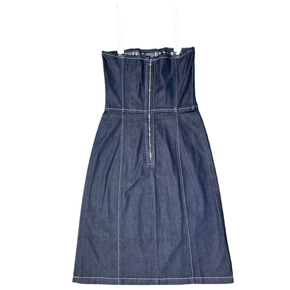 Dolce & Gabbana dark denim strapless mid-length corset dress with double criss crossed golden brown leather front lacing on bodice, white contest stitching, removable elastic straps. Exposed D&G stamped silver-tone back zipper 