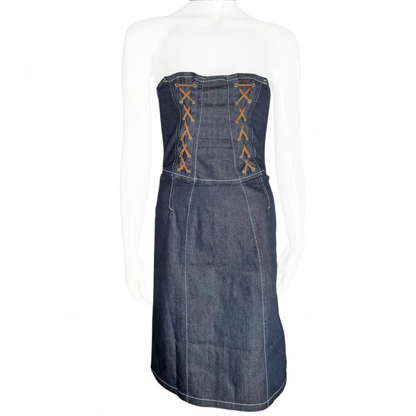 Dolce & Gabbana dark denim strapless mid-length corset dress with double criss crossed golden brown leather front lacing on bodice, white contest stitching, removable elastic straps. Exposed D&G stamped silver-tone back zipper 