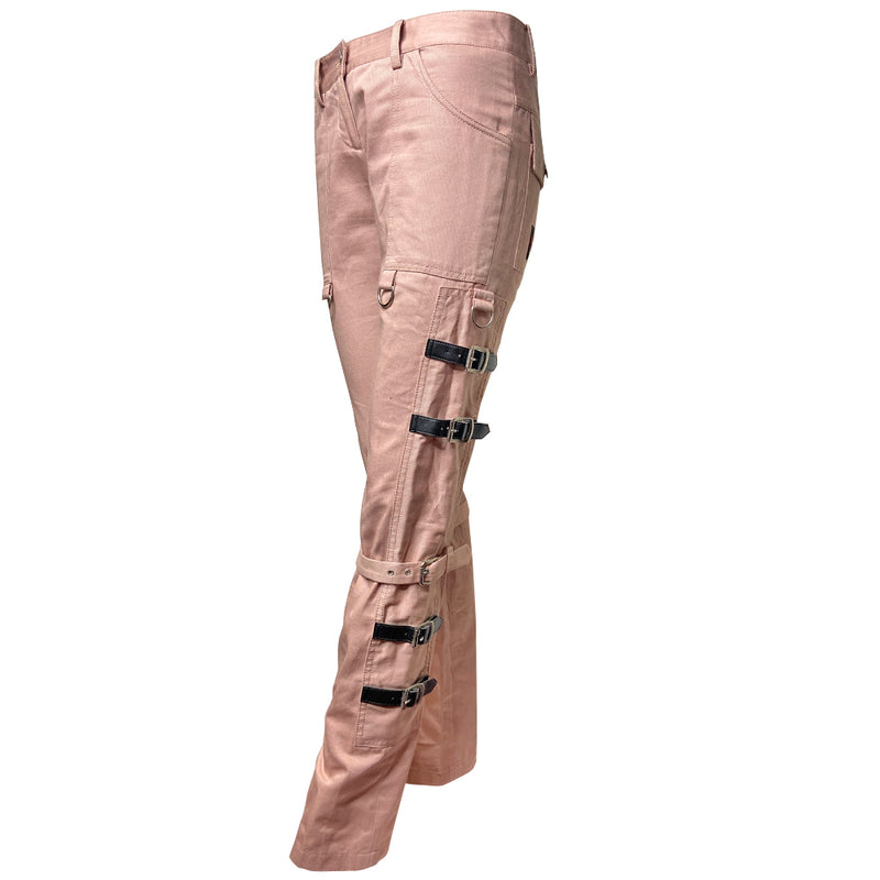 D&G pink Sex Bondage Strap Pants, SS 2003 SEX runway with 2 oversized front patch pockets, silver-tone hanging D rings. Side panels feature 4 black leather straps, logo engraved buckles, single adjustable fabric strap that wraps at knee. Cargo flap pocket in back with engraved silver-tone logo button, appliqué SEX logo patch. Made in Italy 