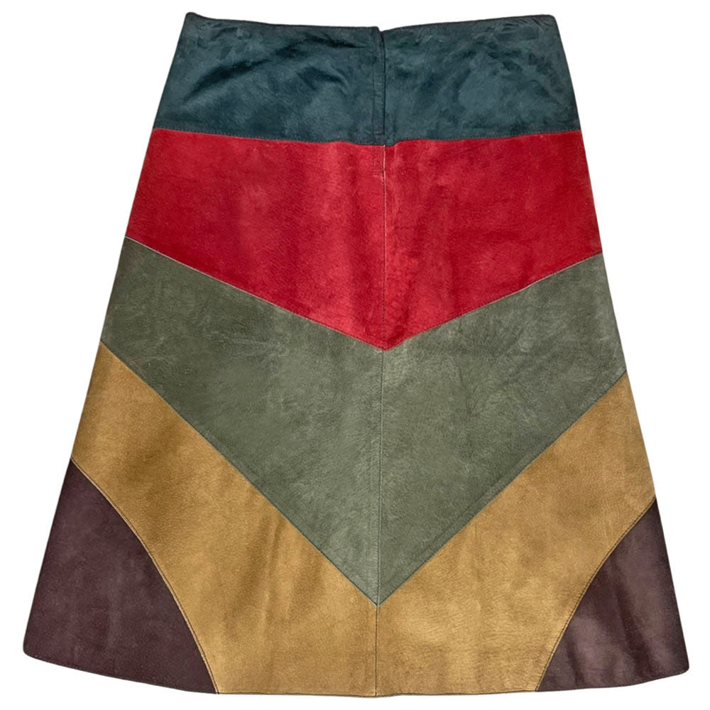 FW 2002 patchwork A-line red, turquoise, olive and tan suede skirt with slight rise in front hemline, lacing at front waist, silk jacquard logo lining, invisible back zipper. Made in Italy 