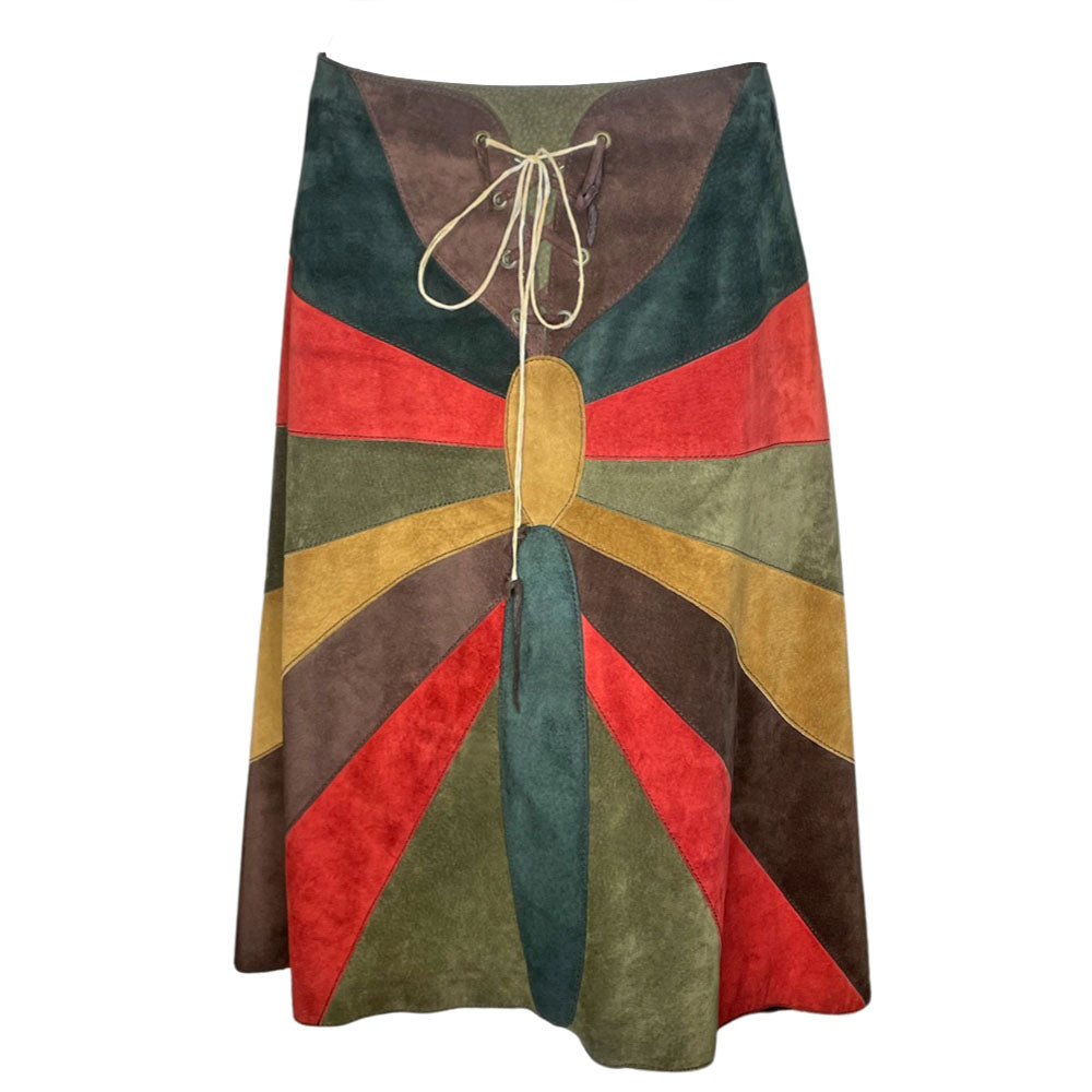 FW 2002 patchwork A-line red, turquoise, olive and tan suede skirt with slight rise in front hemline, lacing at front waist, silk jacquard logo lining, invisible back zipper. Made in Italy 