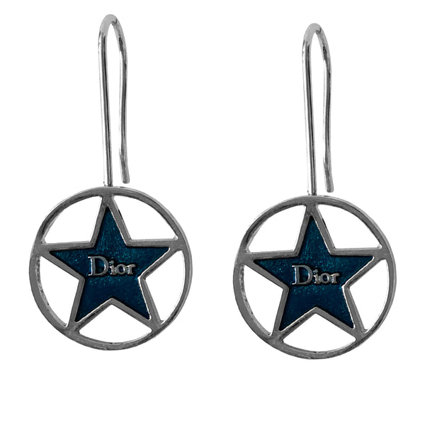 Christian Dior hook style drop earrings featuring a blue enamel logo cut out star surrounded by a silver-tone metal circle.