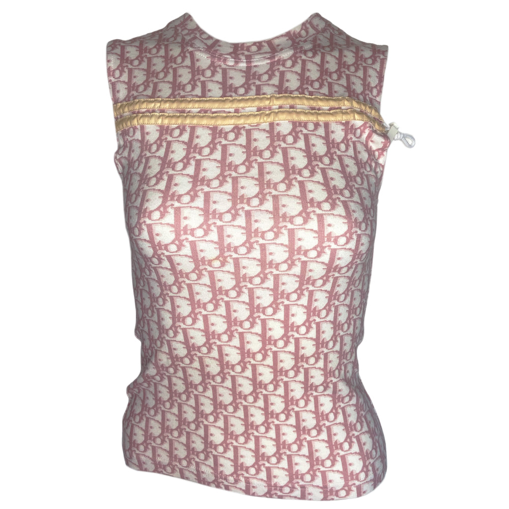 Christian Dior pink monogram sleeveless tee by John Galliano for Dior, spring 2004 with 2 off white front stripes that run across above the chest line with adjustable drawstring toggle ended cord running though. Made in France 