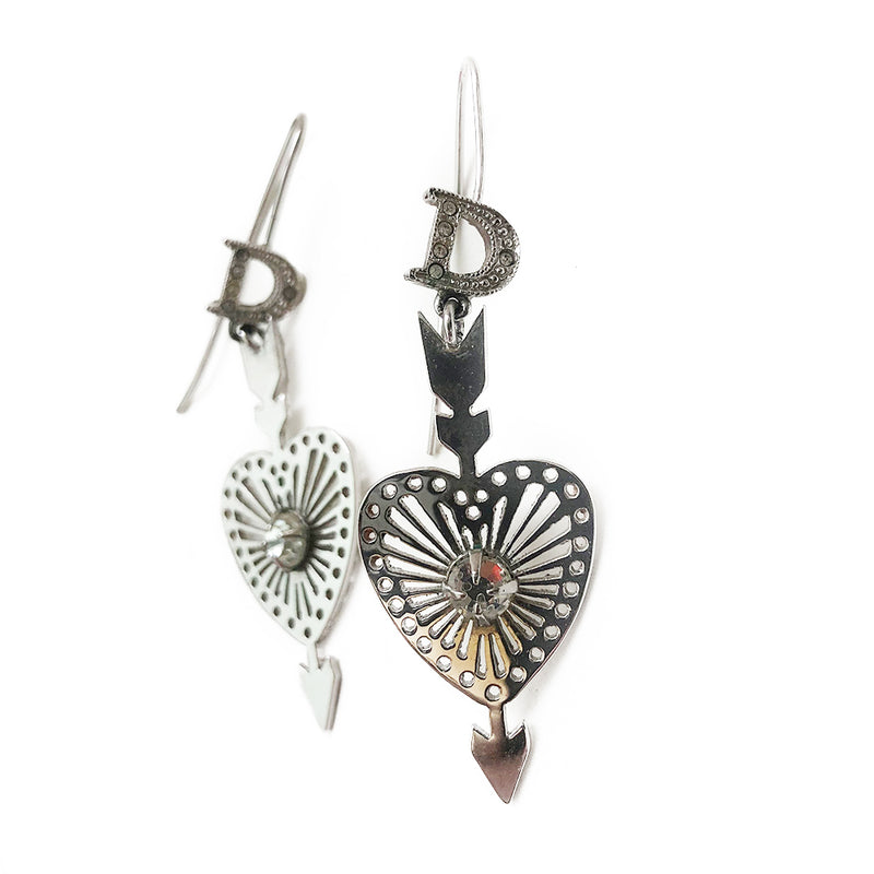 Dior Heart and Arrow Silver with Crystal D Drop Earrings