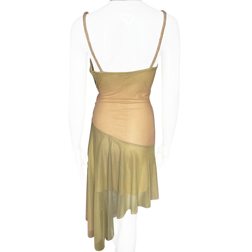 Ema Savahl Couture pink and olive green ombre mesh flower dress with hand painted 3D flowers, pink Swarovski crystals on right shoulder and hip, plunging V neck with braided straps,  ruched front & side and asymmetric hem. Made in USA 