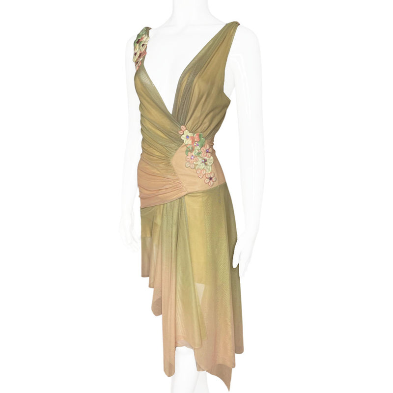 Ema Savahl Couture pink and olive green ombre mesh flower dress with hand painted 3D flowers, pink Swarovski crystals on right shoulder and hip, plunging V neck with braided straps,  ruched front & side and asymmetric hem. Made in USA 