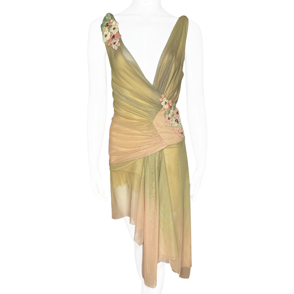 Ema Savahl Couture pink and olive green ombre mesh flower dress with hand painted 3D flowers, pink Swarovski crystals on right shoulder and hip, plunging V neck with braided straps,  ruched front & side and asymmetric hem. Made in USA 