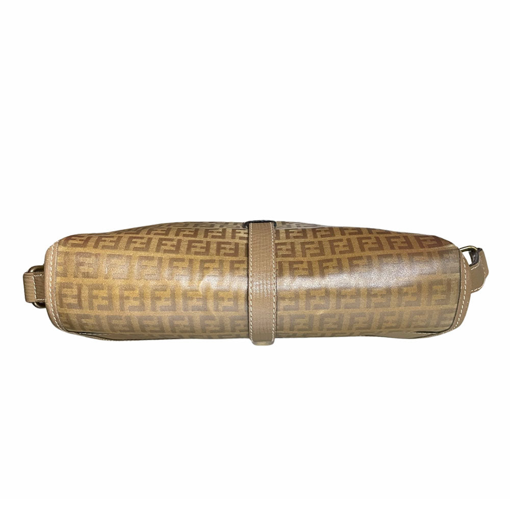 Fendi SAS circa 1970's tan and brown patent leather monogram FF Zucca print cross-body bag with front closure strap that wraps around bag and through brushed gold tone hardware. Long leather strap suitable to wear cross body, brown leather lining with three open interior sections and one zip pocket. Made in Italy 