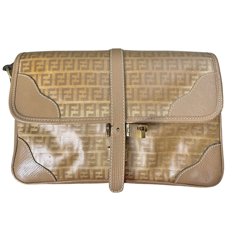 Fendi SAS circa 1970's tan and brown patent leather monogram FF Zucca print cross-body bag with front closure strap that wraps around bag and through brushed gold tone hardware. Long leather strap suitable to wear cross body, brown leather lining with three open interior sections and one zip pocket. Made in Italy 