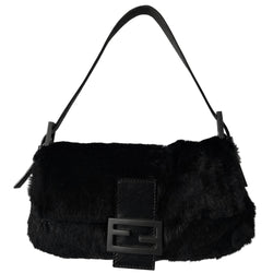Fendi black rabbit fur baguette with removable/adjustable black leather strap and accent, Fendi engraved silver-tone metal hardware. Front flap with single magnetic closure with light grey satin interior, Fendi engraved metal plate and single zip pocket. Made in Italy 