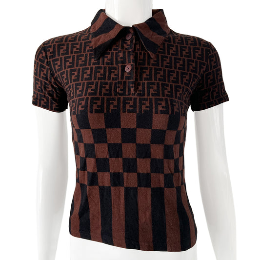 Fendi Zucca short sleeve polo shirt with Fendi FF Zucca, checkerboard and stripes patterns on body with striped collar in black and brown. Made in Italy 