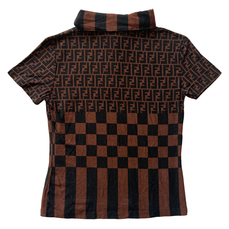 Fendi Zucca short sleeve polo shirt with Fendi FF Zucca, checkerboard and stripes patterns on body with striped collar in black and brown. Made in Italy 