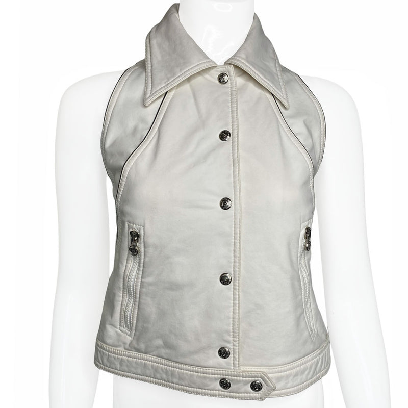 Fendi rubberized white with black piping exterior on terry cloth interior lining collared vest with silver-tone Fendi logo snap button front closure, black piping and Fendi Jeans logo ribbon detail at sides. 2 front zippered pockets with FF logo zipper pulls. Made in Italy