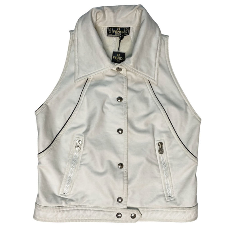 Fendi rubberized white with black piping exterior on terry cloth interior lining collared vest with silver-tone Fendi logo snap button front closure, black piping and Fendi Jeans logo ribbon detail at sides. 2 front zippered pockets with FF logo zipper pulls. Made in Italy