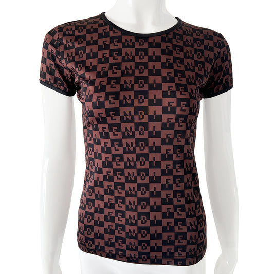 Fendi logo checkerboard short sleeve tee in black and brown with all over checkerboard and two-tone all over FENDI logo letters printed out. Tag Size: 42 Made in Italy 