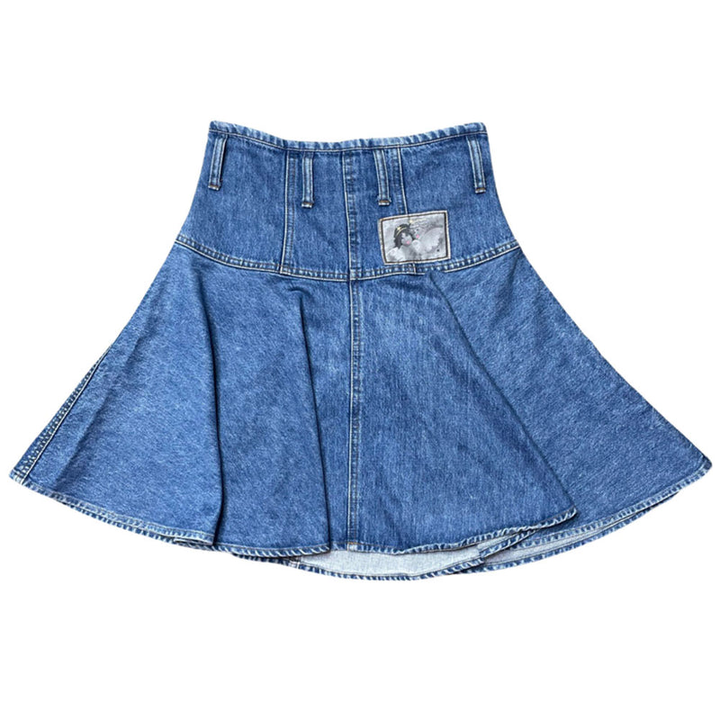 Fiorucci circa 90's high waisted flared light blue denim skirt with belt loops, front pockets with rivets, zip fly front closure with metal engraved logo button at top Fiorucci angel logo patch at back waist.