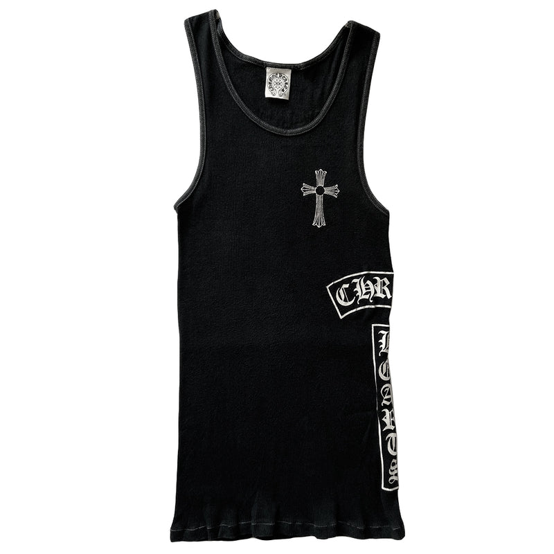 Chrome Hearts black Fuck You cross tank circa mid 2000's with cross at front chest, Chrome Hearts logo at side, Fuck You and on back and Chrome Hearts logo scroll on back lower hemline. White contrast stitching Tag size: S  Made in USA 