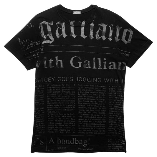John Galliano Gazette unisex black newsprint tee with short sleeves and rounded neckline Made in Greece 