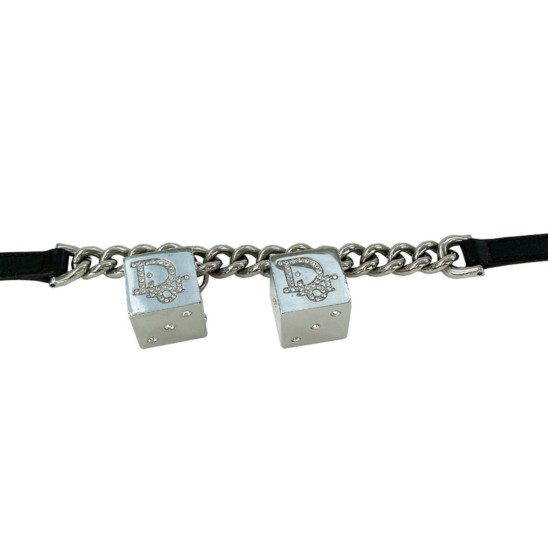 Christian Dior Crystal Chain Link Dice Belt F/W 2004 by John Galliano for Dior. Leather with silver chain accent diamante embellished Dior logo silver dice. Black leather adjustable slider loop. Silver CD Engraved Buckle. Light wear on dice; not noticeable when wearing.
