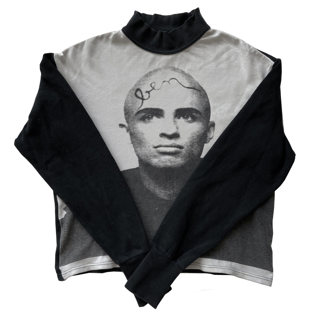 ean Paul Gaultier Homme portrait sweatshirt circa 2015. Long sleeved mock neck color block sweat top with Ben McKnight portrait printed in front. Made in Japan