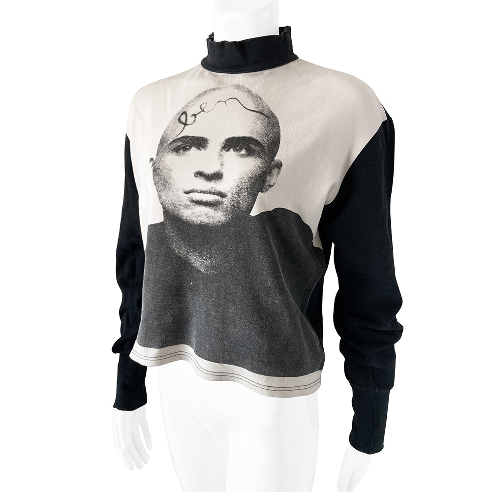 ean Paul Gaultier Homme portrait sweatshirt circa 2015. Long sleeved mock neck color block sweat top with Ben McKnight portrait printed in front. Made in Japan