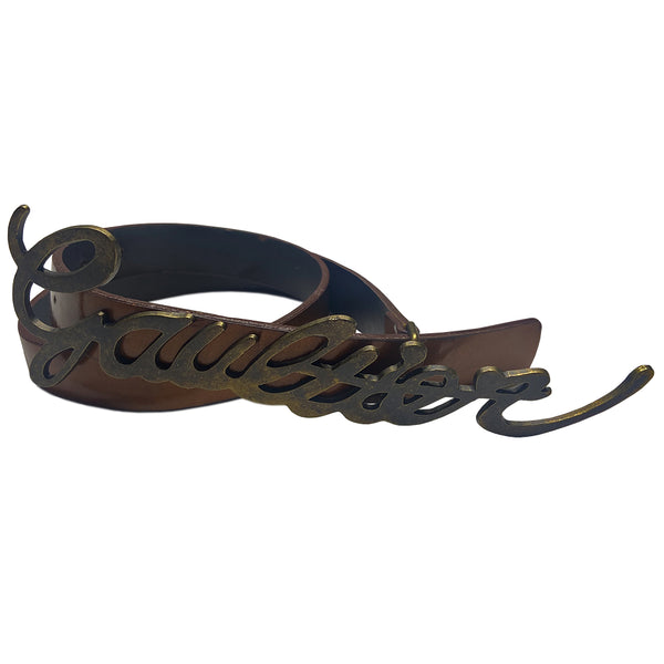 Jean Paul Gaultier deep caramel-tone patent leather belt with cursive Gaultier signature lock-tonged antique brass-tone metal buckle. Adjustable sizing with 5 hole adjustment, Jean Paul Gaultier interior stamp.