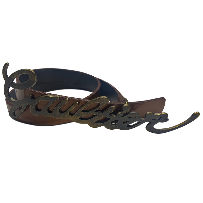 Jean Paul Gaultier deep caramel-tone patent leather belt with cursive Gaultier signature lock-tonged antique brass-tone metal buckle. Adjustable sizing with 5 hole adjustment, Jean Paul Gaultier interior stamp.