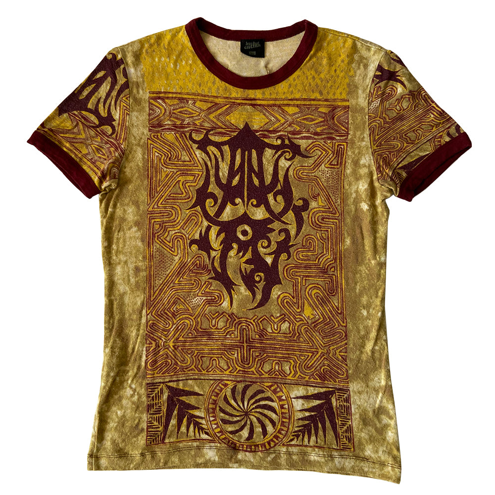 Jean Paul Gaultier yellow with burgundy tribal print tee, Jean Paul Gaultier Homme circa mid 90’s. Short sleeved crew neck tee with burgundy banded neck and arms. Made in Japan 