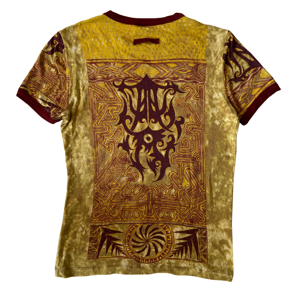 Jean Paul Gaultier yellow with burgundy tribal print tee, Jean Paul Gaultier Homme circa mid 90’s. Short sleeved crew neck tee with burgundy banded neck and arms. Made in Japan 