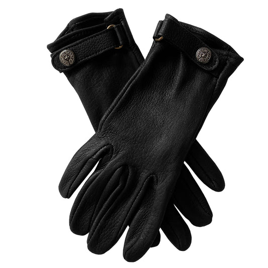 Chrome Hearts black size 7.5 leather gloves, circa mid 2000’s. Unlined with leather wrist strap and sterling silver logo snap button closure. Made in USA 