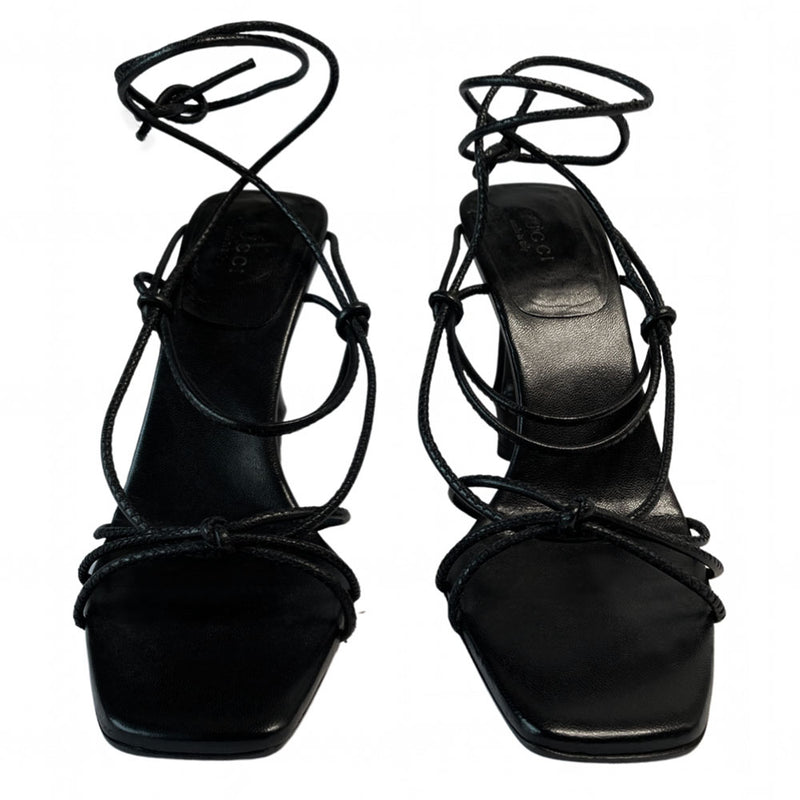 Gucci black leather bamboo heel sandals by Tom Ford for Gucci, 2002 with open toe textured leather cording that wraps and ties. Made in Italy 