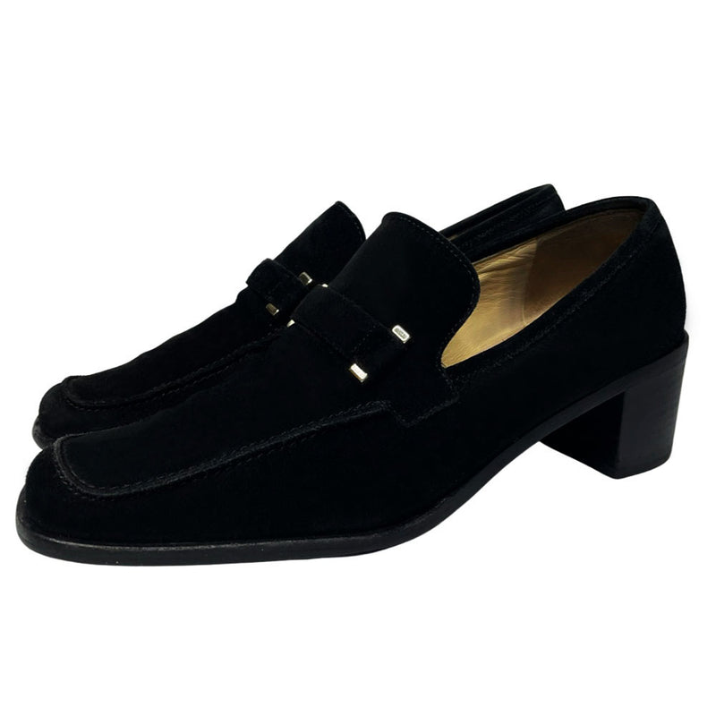 Gucci Mocassino Pelle Guarn Met black suede loafers with black wooden heel and silver-tone front Gucci embossed buckles. Leather soles with tan leather lining.  Made in Italy 