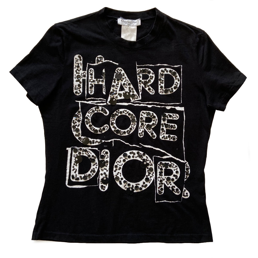 Christian Dior Hardcore Dior sequin embellished short sleeve crewneck tee Circa 2005 with sequin embellished print on front Size: 44 Color: Black with white print embellished with black sequins.