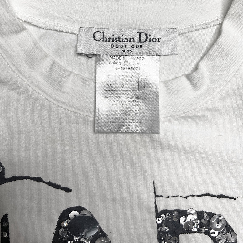 Christian Dior Hardcore Dior white short sleeve crew neck tee by John Galliano for Dior, S/S 2005 with sequin and glass beading embellishments on black print at front. Made in France