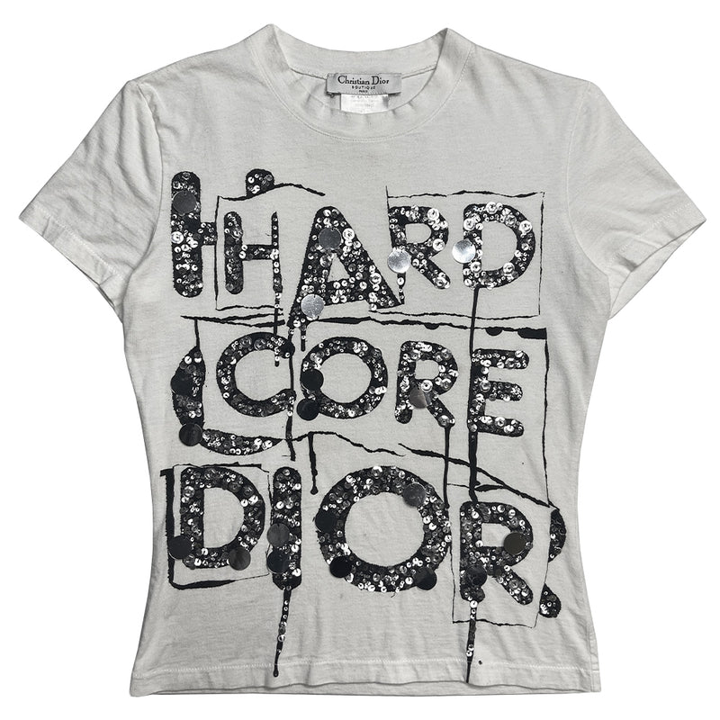 Christian Dior Hardcore Dior white short sleeve crew neck tee by John Galliano for Dior, S/S 2005 with sequin and glass beading embellishments on black print at front. Made in France