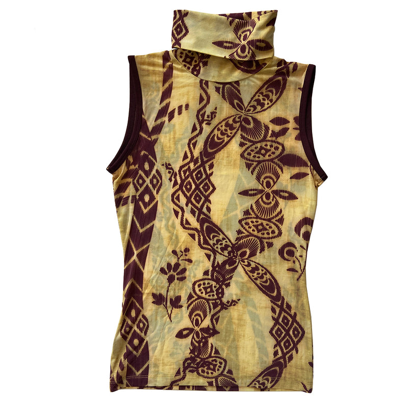 Polynesian print pastel yellow,burgundy mesh top by Jean Paul Gaultier, Jean Paul Gaultier label early 2000’s. Sleeveless, high neck tightly woven mesh fabric with Polynesian geometric and flower motifs, solid burgundy banded arm holes. Made in Japan 