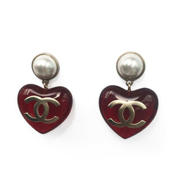 Very Rare Red Chanel Heart Pearl Earrings