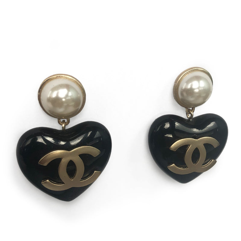 Very Rare Black Chanel Heart Pearl Earrings