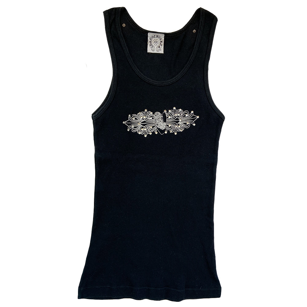 Chrome Hearts crystal heart logo tank, circa early 2000’s. Chrome Hearts crystal embellished design at chest, Chrome Hearts logo along back neckline with a crystal embedded at each end. Each crystal fastened with secure clamp fasteners. Made in USA 